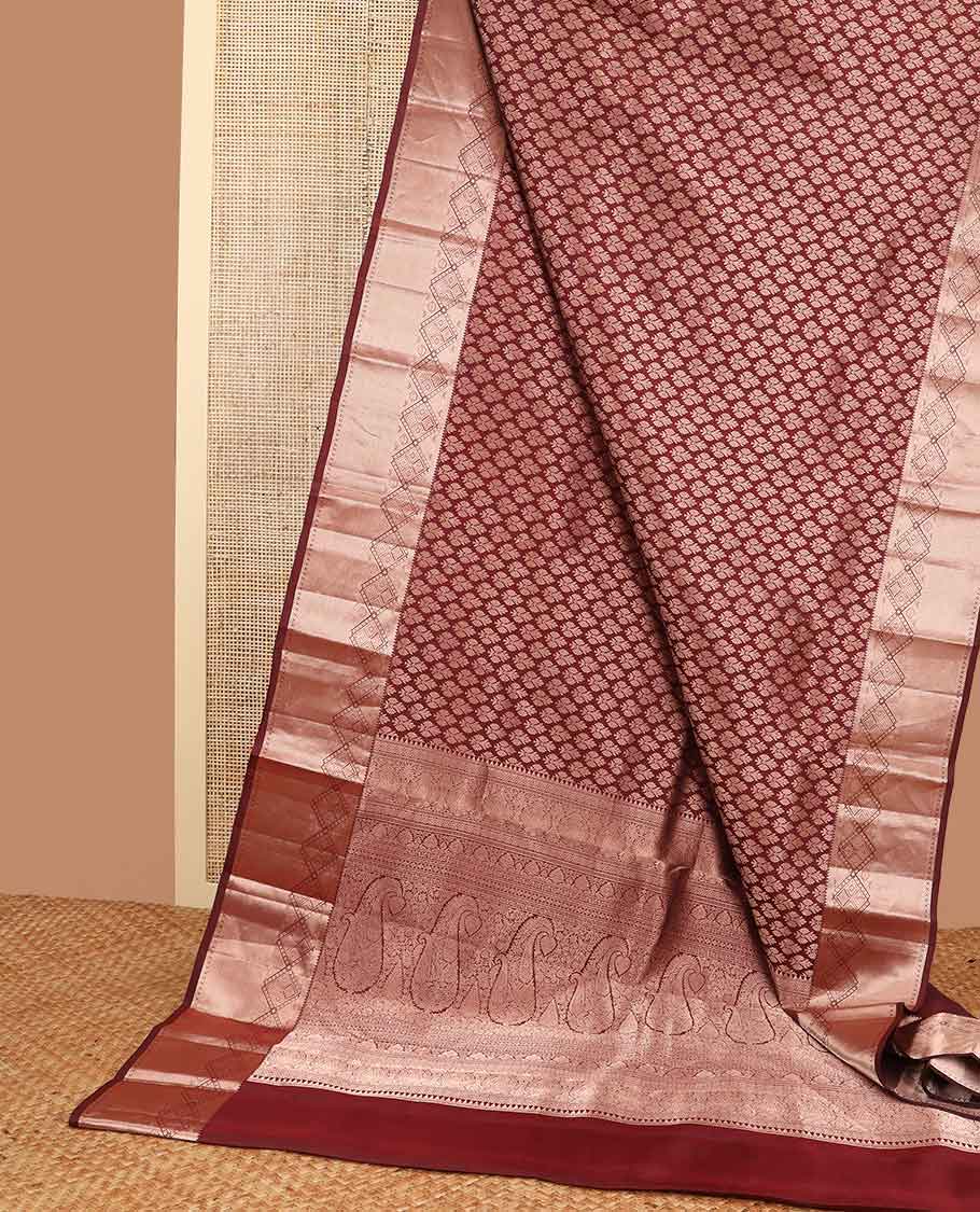 Brown floral jaal design kancheepuram silk saree with self border of intricate geometric design & zari design pallu