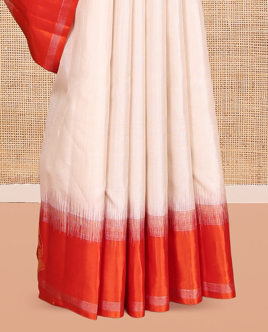 Off-White Striped Kanchipuram Silk Saree, Complemented by a Contrast Hummingbird and Chakram Border, Grand Pallu, and a Contrast Blouse