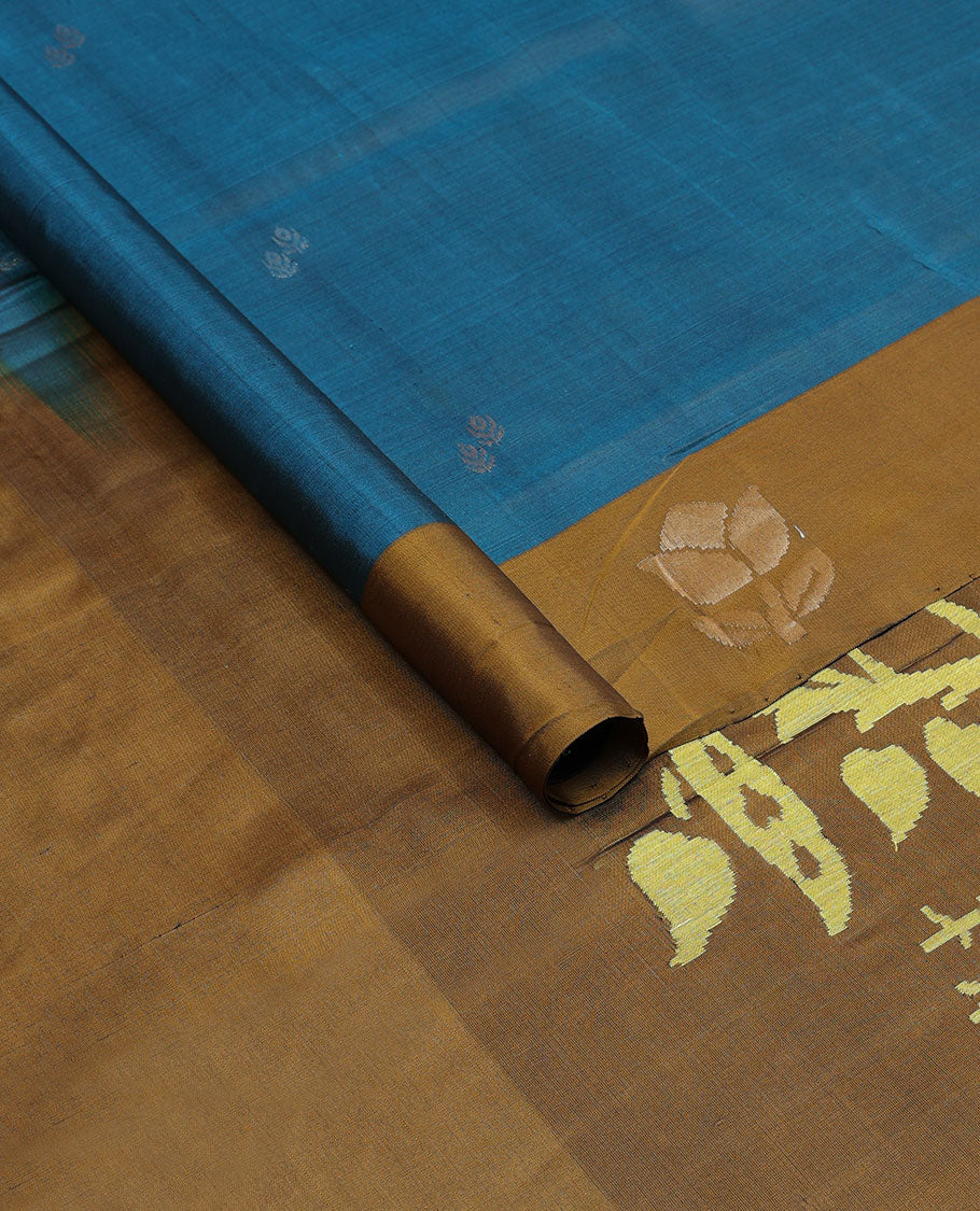 Dark blue floral design uppada saree with contrast flower design border & forest theme design pallu