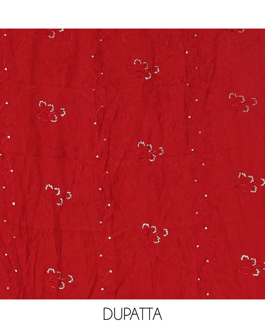 Chilli red material chudidar set, floral print & thread neck embroidered rayon top, matching cotton bottom & sequins embroidered floral dupatta