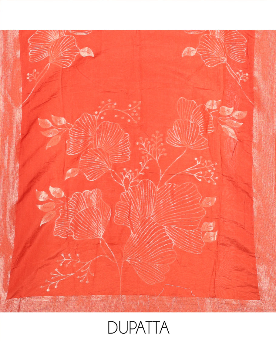 Rust Semi-Silk Material Chudidar Set, Adorned with Pom-Pom Necklined Top, a Plain Santoon Bottom, and Paired Floral Zari Woven Semi-Silk Dupatta