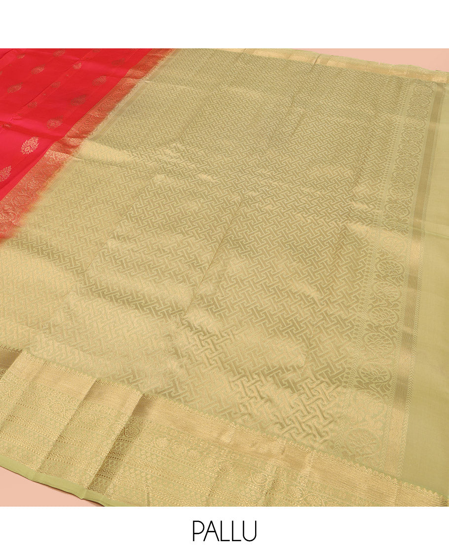 Red Vasundhara Lite Silk Mix Saree, Decked Up with Zari Buttas, Complemented by a Contrast Border of Thilakam, Kamalam, Kodi Visiry, and Neli Designs, Gandly Geometric Patterns Woven Pallu, and Paired with a Contrast Blouse