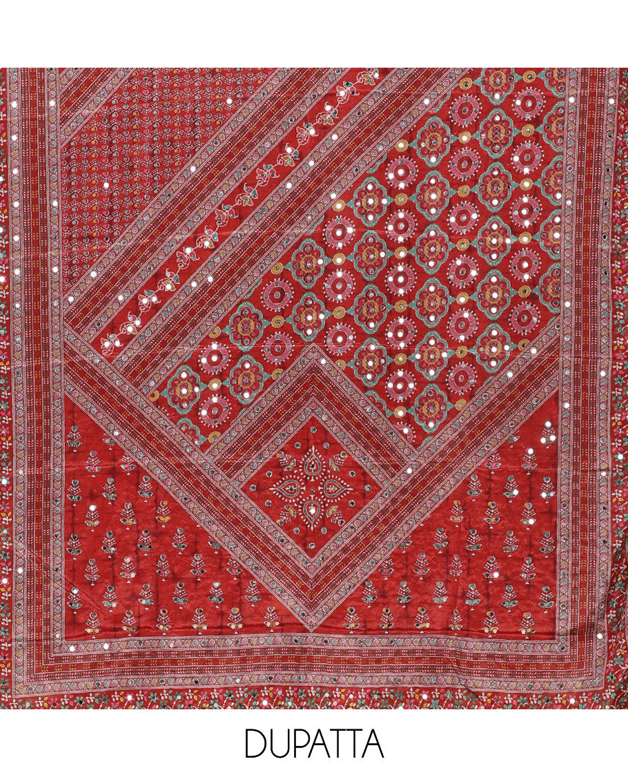 Maroon material chudidar set, floral-theme batik printed with mirror embroidered crepe top, santoon bottom, and Chinon dupatta of print, and mirror embroidery
