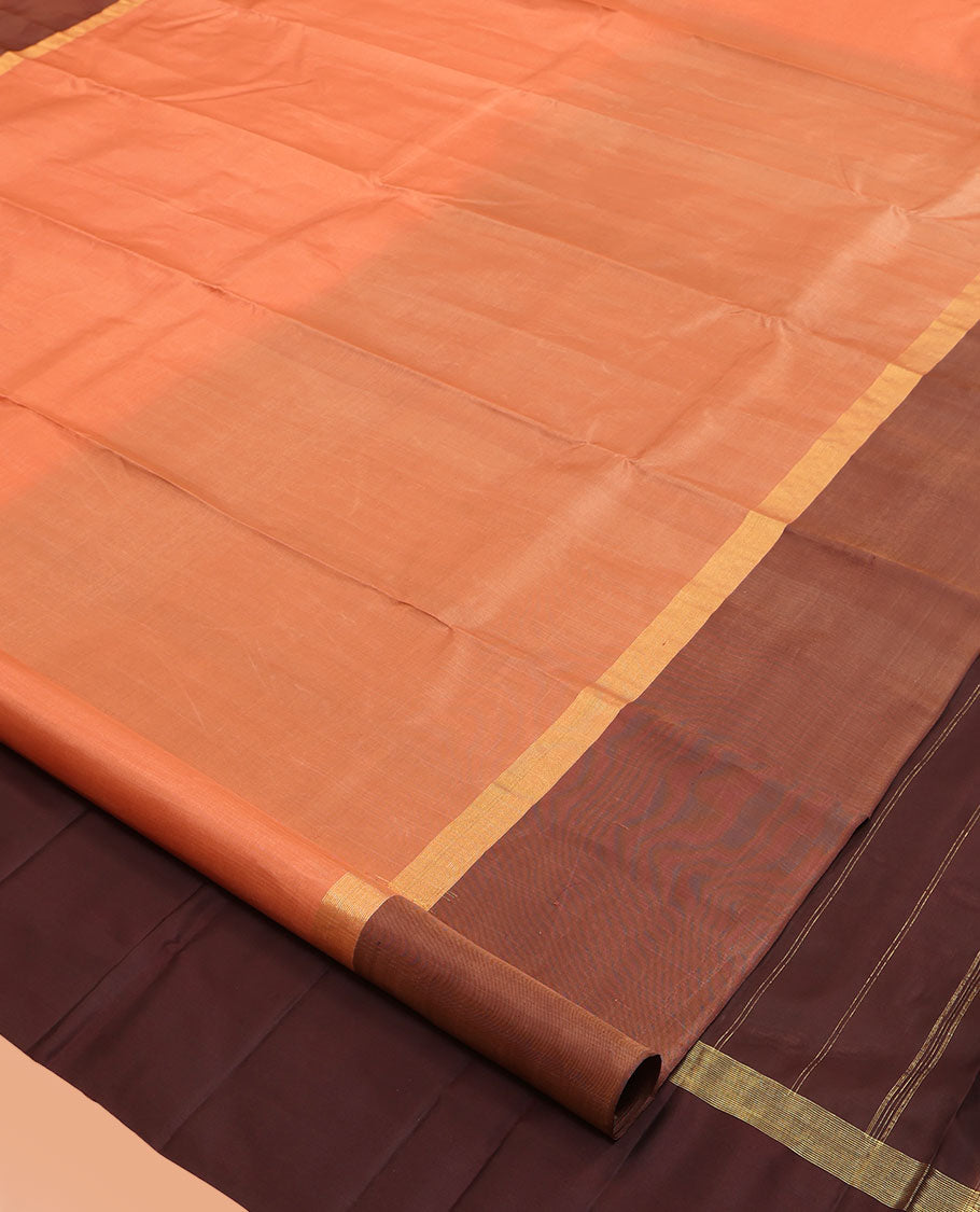 Orange Kanchipuram Silk Saree, Woven with Zari Buttas, Complemented by Contrast Manga-Thazampoo Rekku Border, Pallu of Zari Design, and a Contrast Blouse
