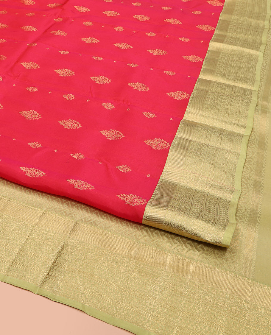 Red Vasundhara Lite Silk Mix Saree, Decked Up with Zari Buttas, Complemented by a Contrast Border of Thilakam, Kamalam, Kodi Visiry, and Neli Designs, Gandly Geometric Patterns Woven Pallu, and Paired with a Contrast Blouse