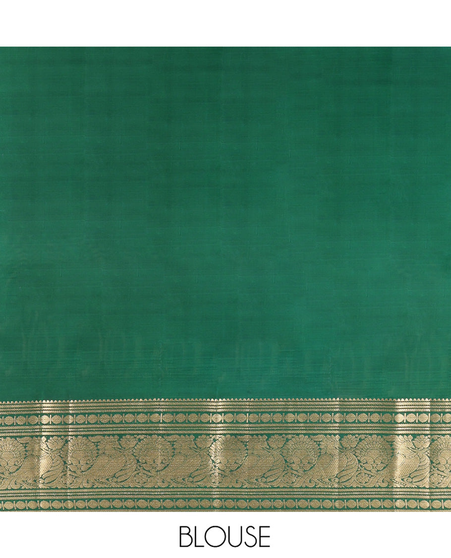 Red Kanchipuram Silk Saree, Richly Detailed with Zari Butta Enclosed Checks on Its Body, Highlighted by Zari Border of Rekku, Poun, Banaras, and Mayil Kann Designs, Diagonally Striped Pallu, and Paired with a Contrast Blouse