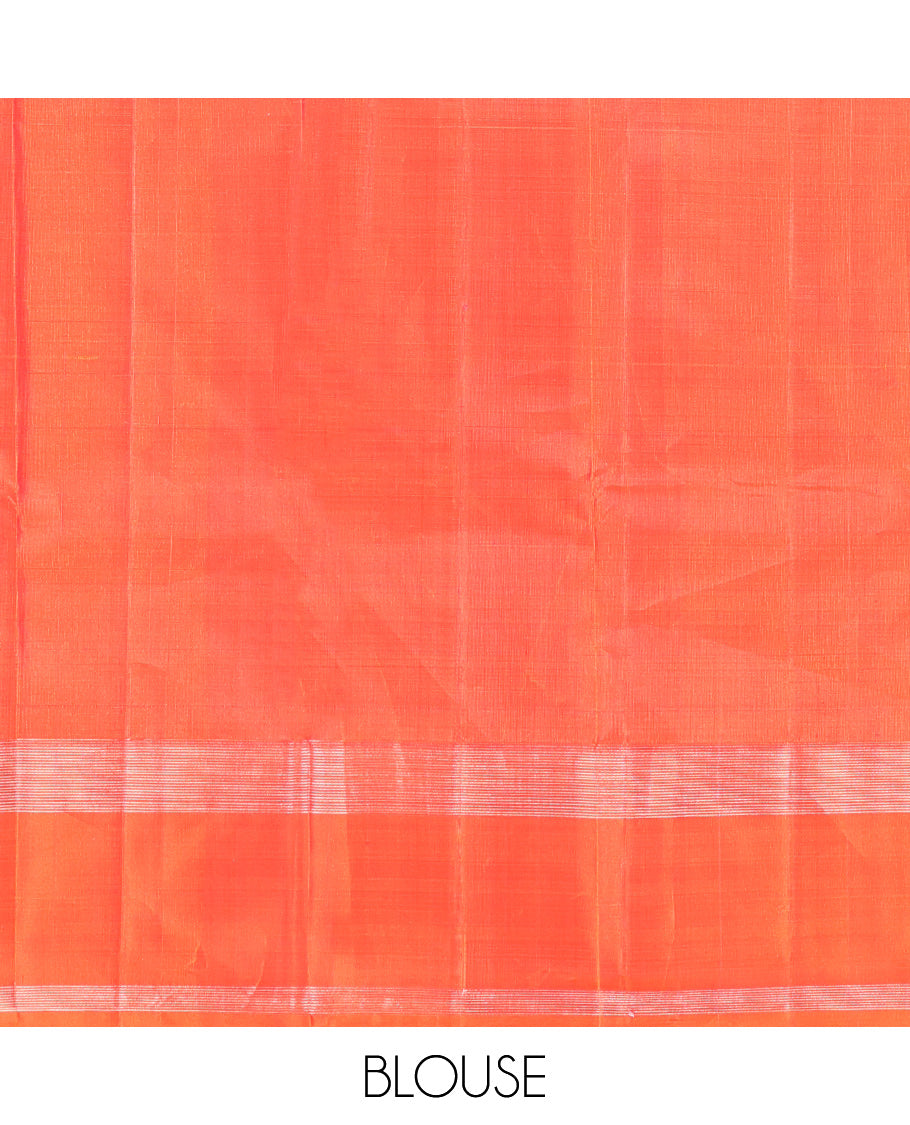 Off-White Striped Kanchipuram Silk Saree, Complemented by a Contrast Hummingbird and Chakram Border, Grand Pallu, and a Contrast Blouse