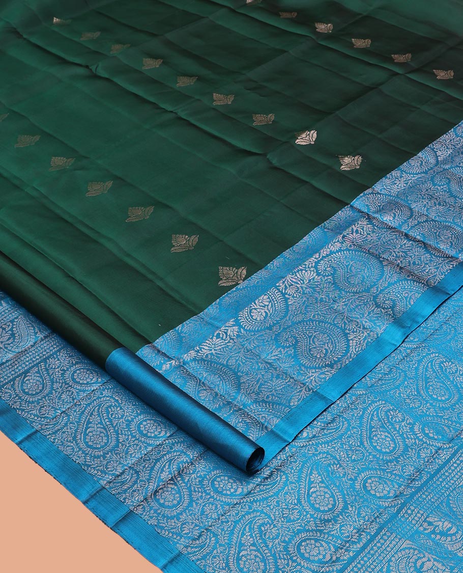 Green Mayuri Lite Silk Mix Saree, Detailed with Zari Buttas on Its Body, Complemented by a Contrast Border of Manga Designs, Pallu of Manga Designs, and Paired with a Contrast Blouse
