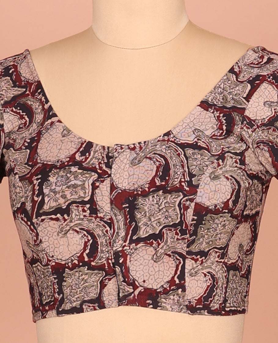 Maroon Cotton Readymade Blouse Subtly Sparked with All-Over Floral Vine Print, Featuring a Front Round-Neck, a Back Round-Neck, and Elbow Sleeves