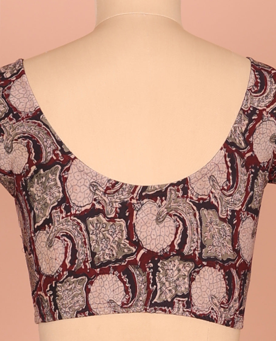 Maroon Cotton Readymade Blouse Subtly Sparked with All-Over Floral Vine Print, Featuring a Front Round-Neck, a Back Round-Neck, and Elbow Sleeves