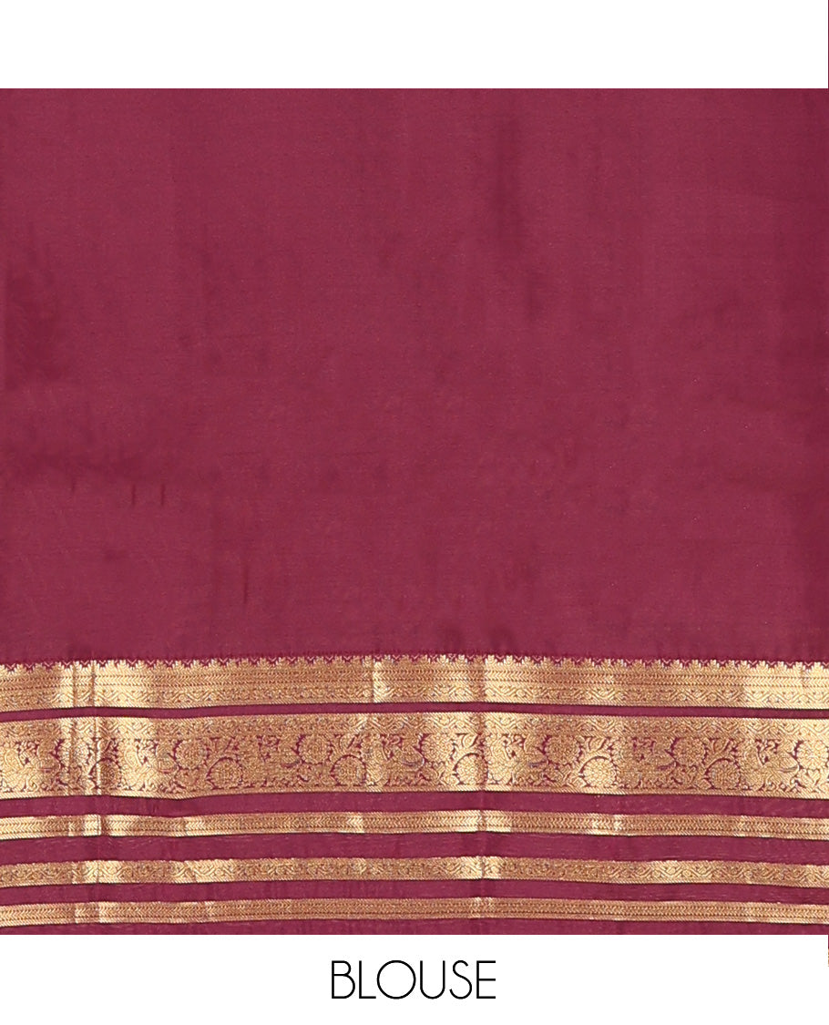Apple red zari buttas and striped Vasundhara silk mix saree, contrast border of thilakam mokku, banaras, kathir, and kodi visiry designs, and jaal pallu
