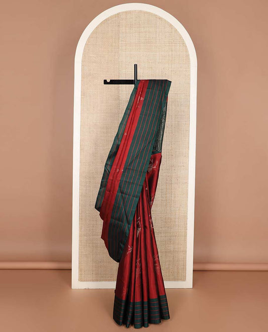 Red zari buttas silk mix saree, contrast striped border & pallu features stripes & floral designs