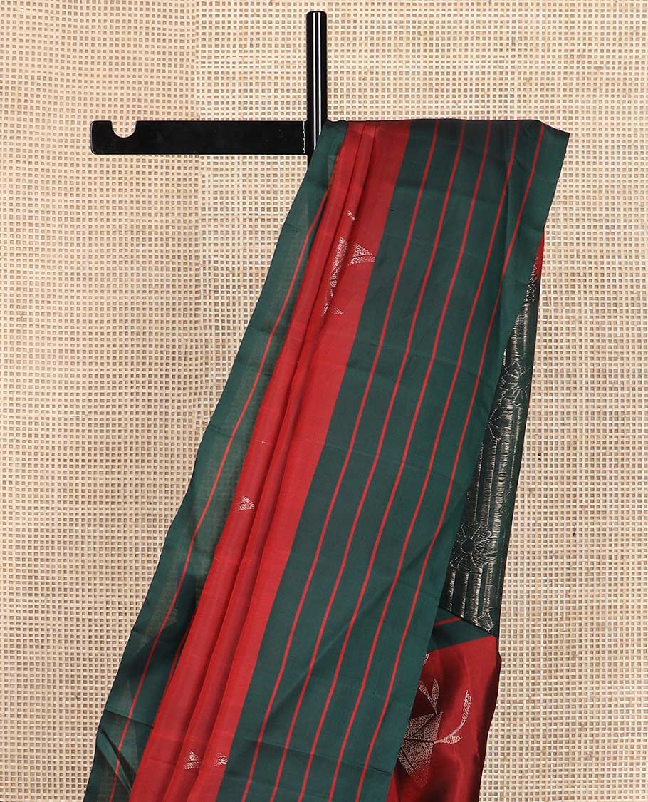 Red zari buttas silk mix saree, contrast striped border & pallu features stripes & floral designs