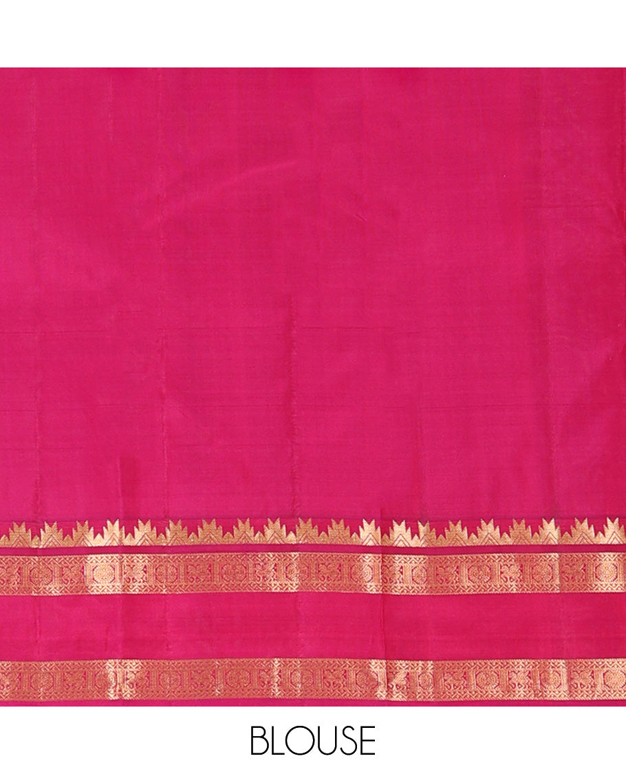 Sandal plain Kanchipuram silk saree, contrast rettai pettu border of thazampoo rekku, neli, chakram, and kuthirai, and jaal pallu