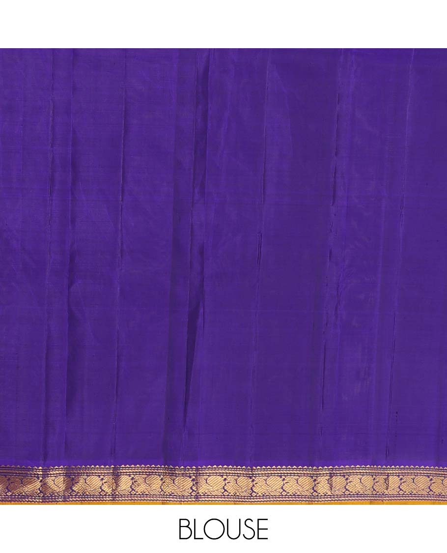 Green malli mokku buttas Kanchipuram silk saree, contrast border of rekku, muthu, banaras, and mayil designs, and traditional design pallu