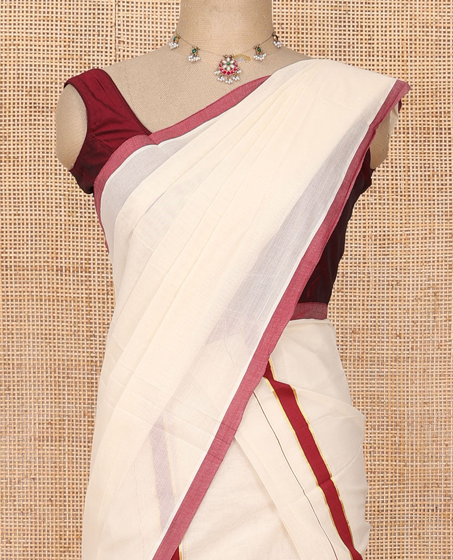 Cream plain Kerala mundu set, contrast red border
