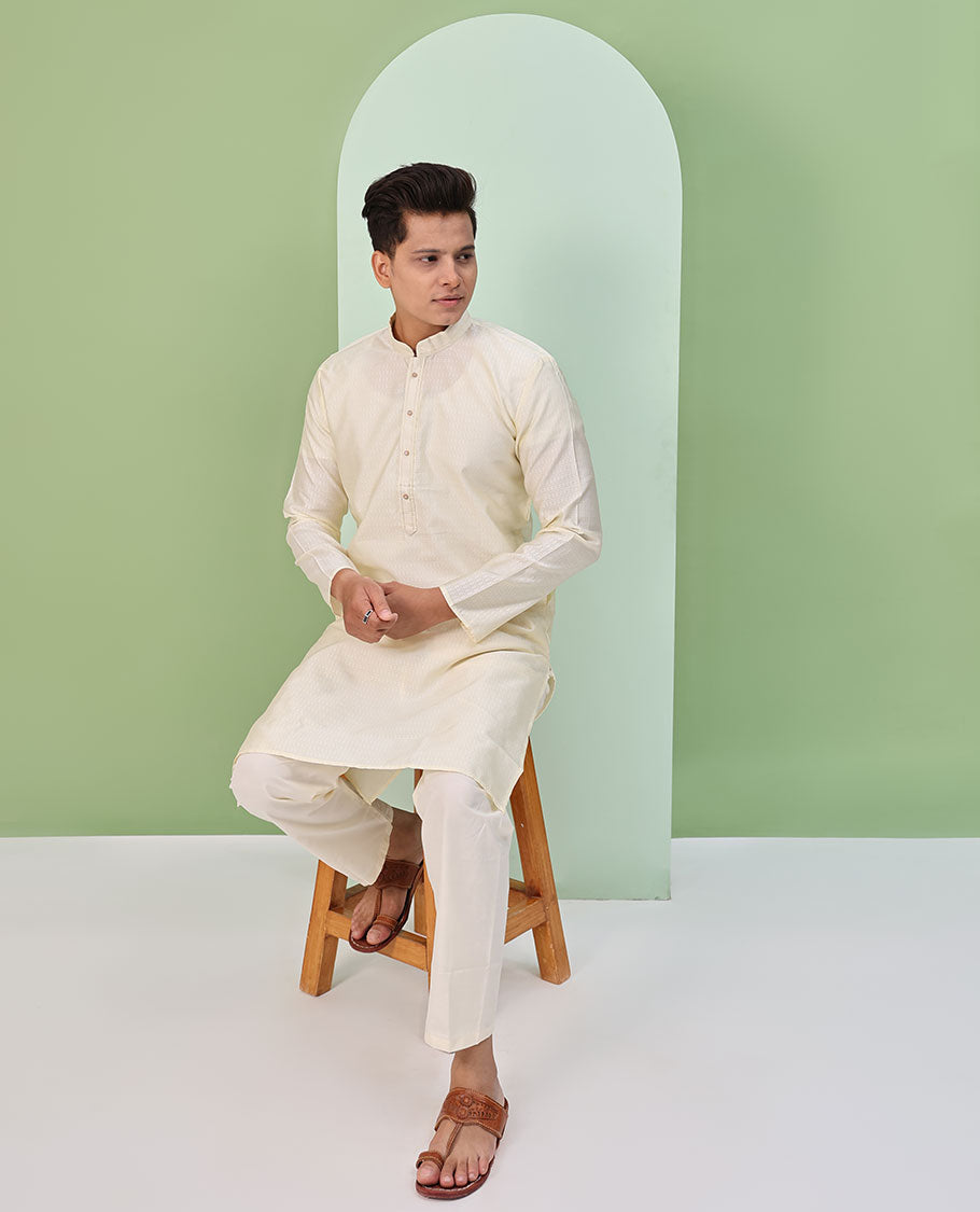 Cream embossed design full-sleeved kurta