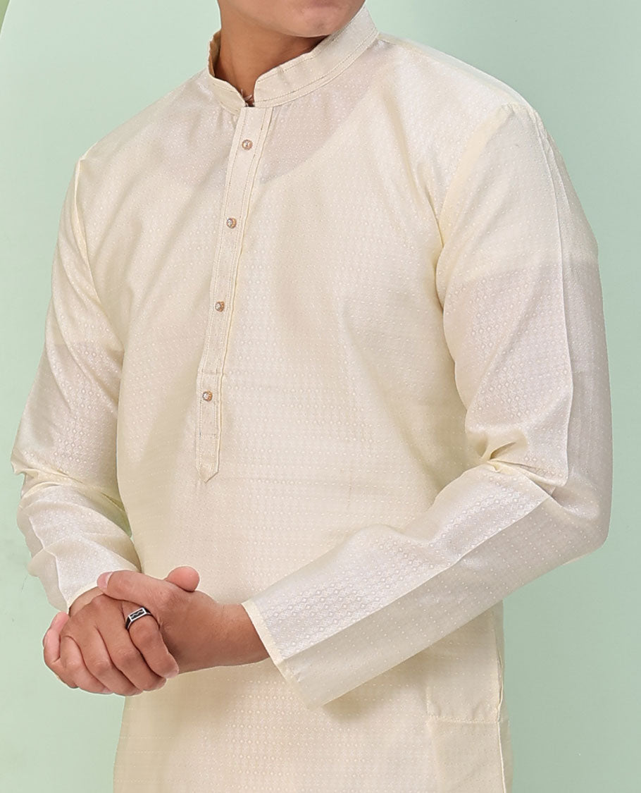 Cream embossed design full-sleeved kurta