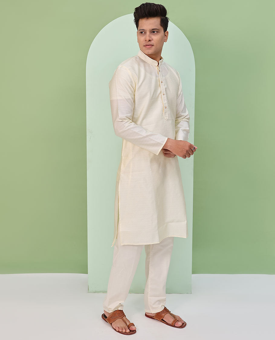 Cream embossed design full-sleeved kurta