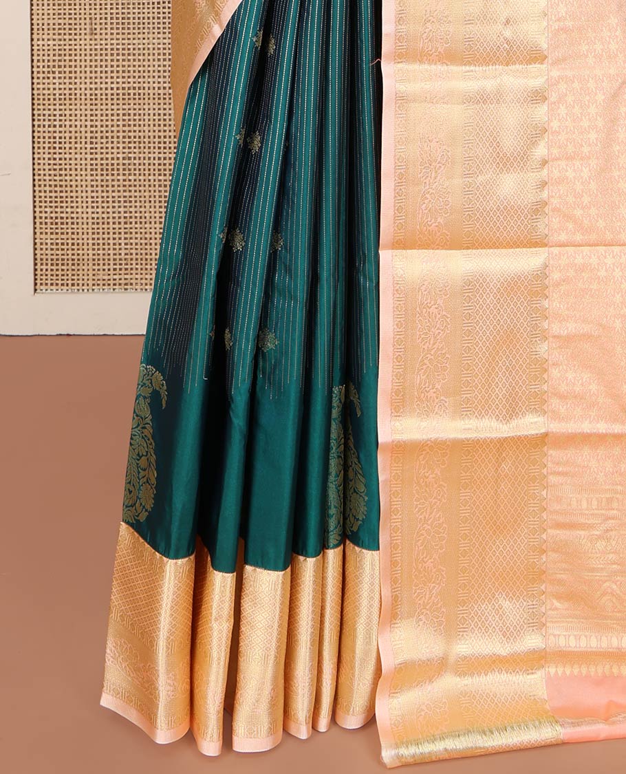 Green Budget Silk Saree, Mesmerized with Zari Buttas and Stripes All Over Its Body, Complemented by a Contrast Traditional Zari Design Border, Intricately Designed Pallu, and Paired with a Contrast Blouse