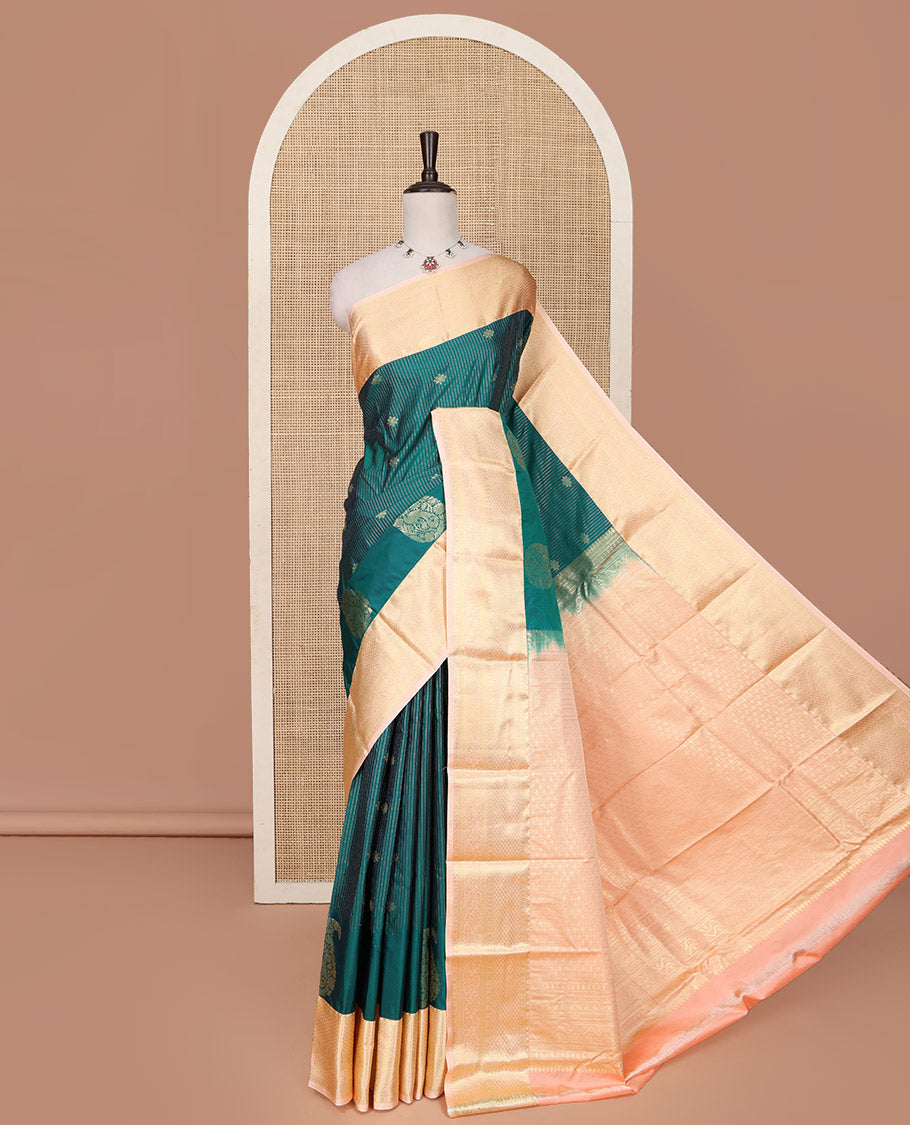 Green Budget Silk Saree, Mesmerized with Zari Buttas and Stripes All Over Its Body, Complemented by a Contrast Traditional Zari Design Border, Intricately Designed Pallu, and Paired with a Contrast Blouse