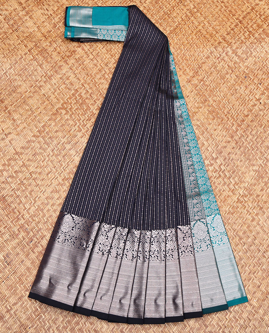 Blue Budget Silk Saree, Woven with Zari Stripes All Over Its Body, Highlighted by a Traditional Zari Design Border, Contrast Pallu of Intricate Designs, and Paired with a Contrast Blouse