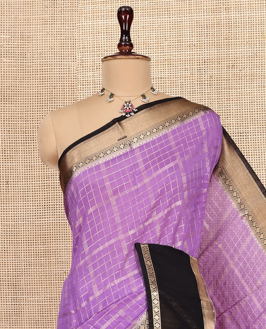 Violet Assam Silk Saree, Enriched with Zari Checks, Complemented by a Contrast Traditional Zari Border, Zari Striped Pallu, and a Contrast Blouse