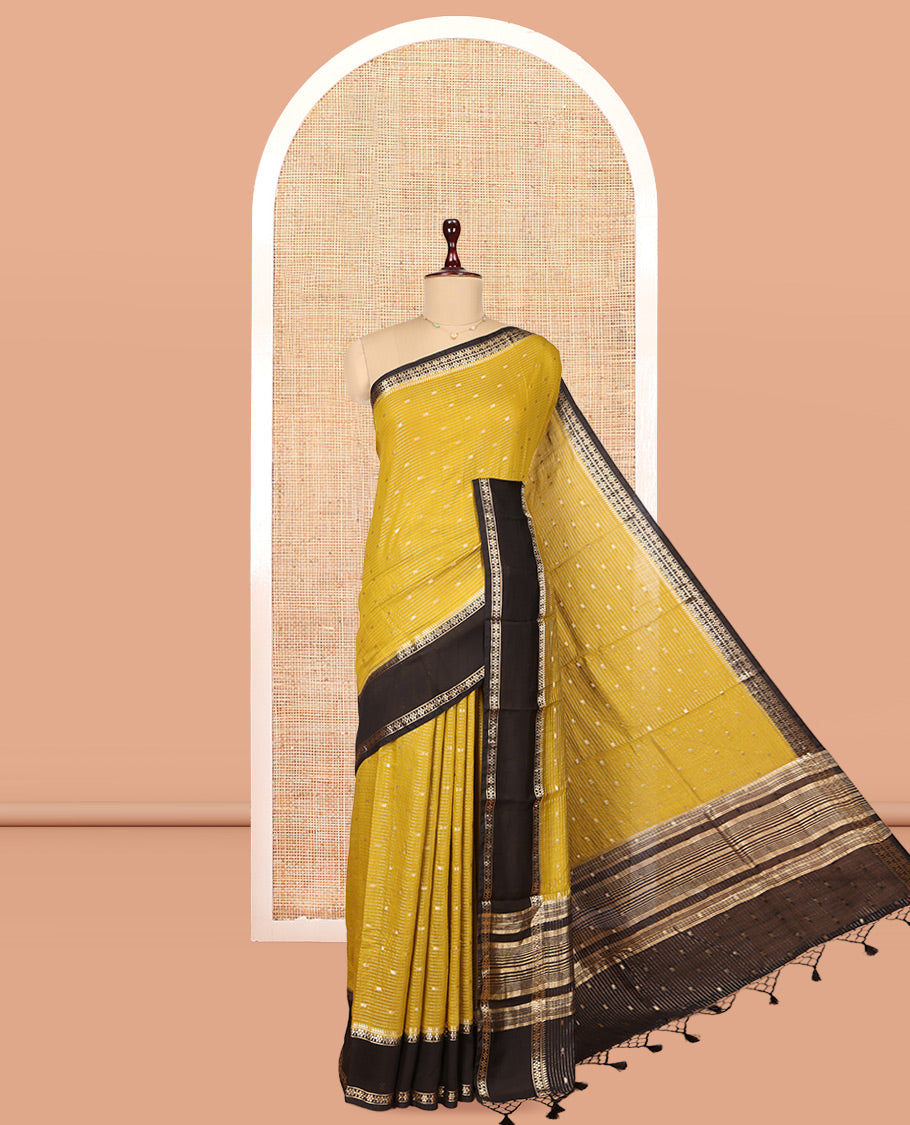 Yellow Assam Silk Saree, Enriched with Zari Buttas and Stripes, Complemented by Contrast Zari Border, Zari Woven Pallu, and Contrast Blouse