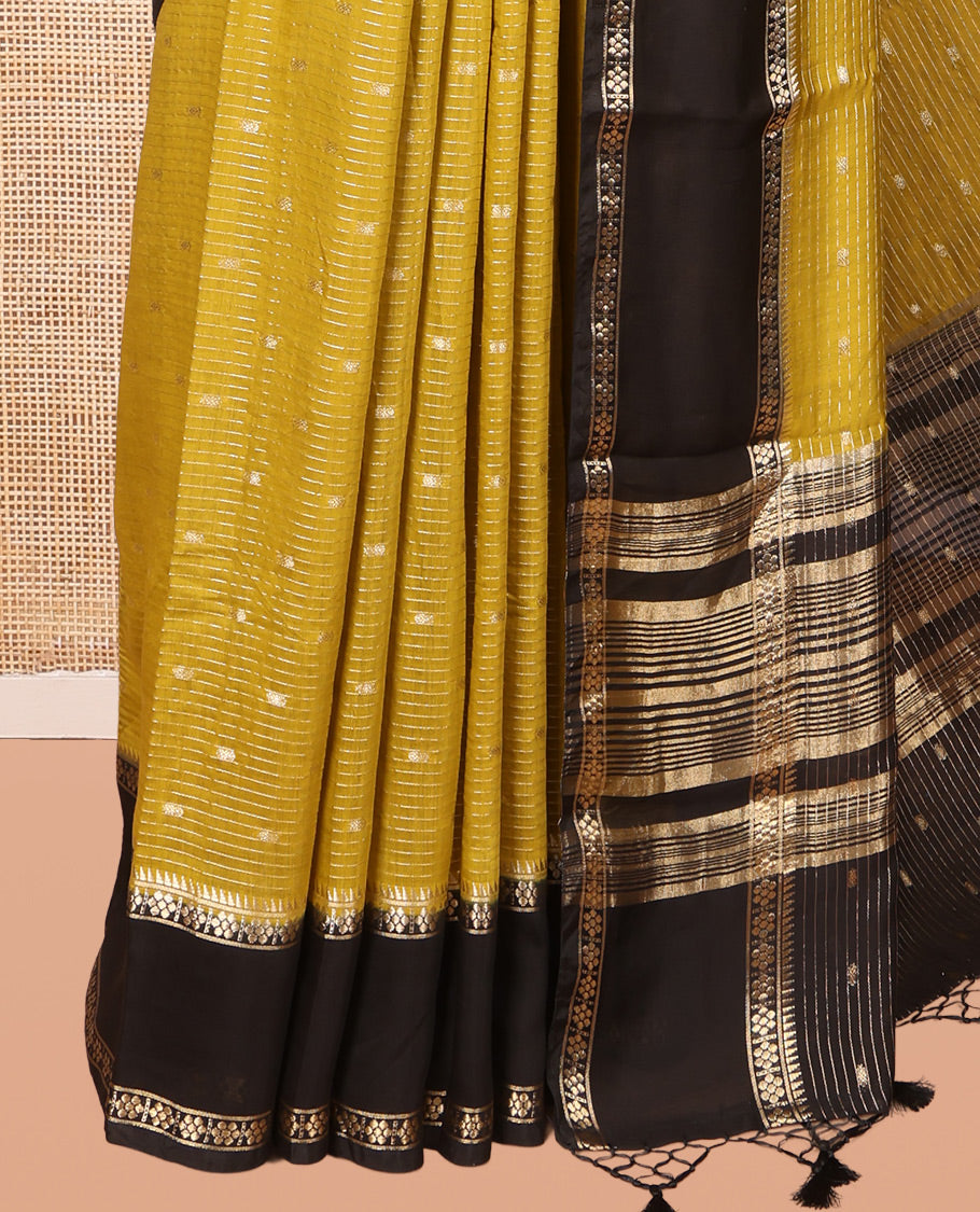 Yellow Assam Silk Saree, Enriched with Zari Buttas and Stripes, Complemented by Contrast Zari Border, Zari Woven Pallu, and Contrast Blouse