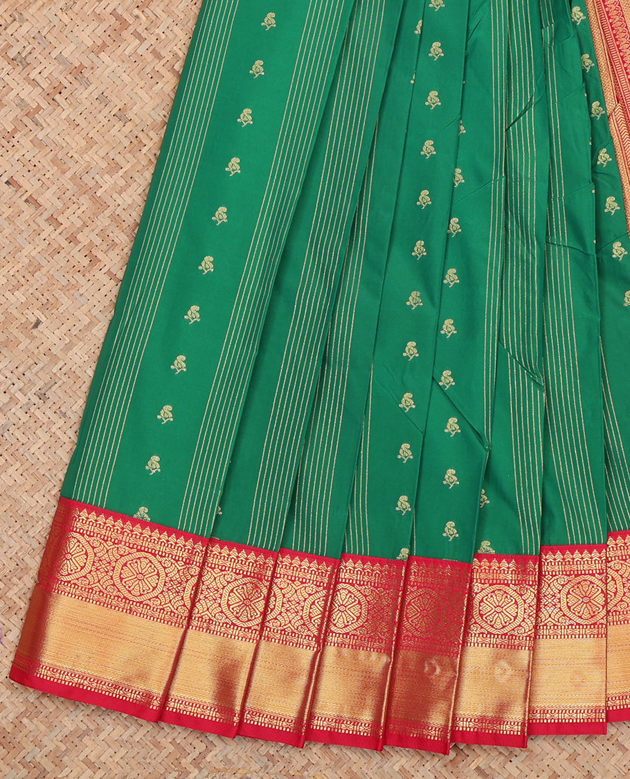 Green Budget Silk Saree, Enthralled with Zari Buttas and Stripes, Complemented by a Contrast Traditional Zari Border, Grand Jaal Pallu, and Contrast Blouse