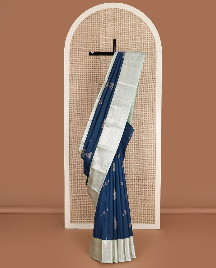 Blue zari buttas gift saree, contrast traditional zari design border, and ogee patterned pallu