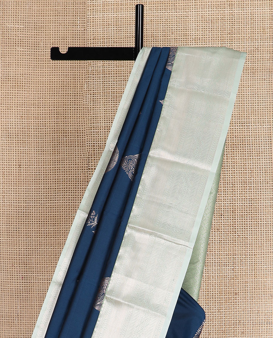 Blue zari buttas gift saree, contrast traditional zari design border, and ogee patterned pallu