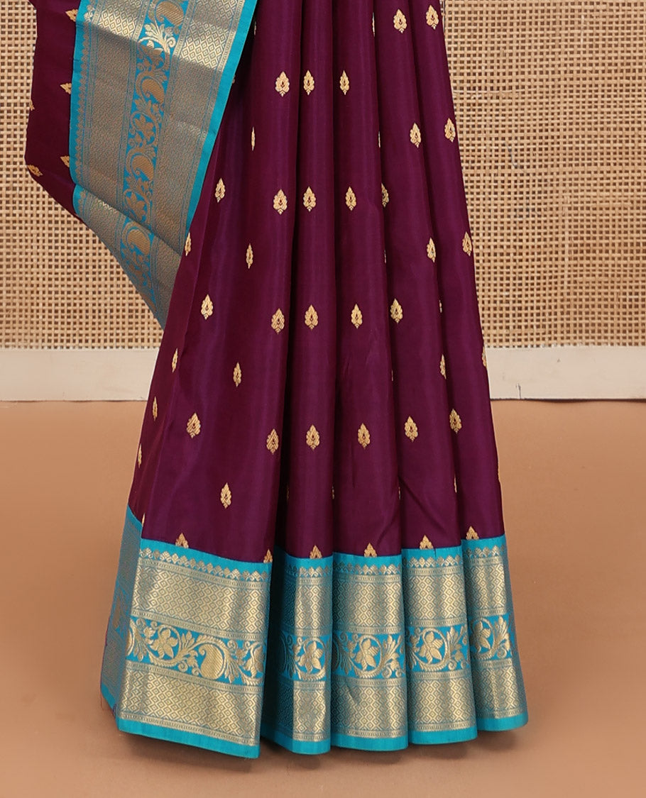 Purple zari buttas Bangalore silk saree, contrast traditional zari design border, and jaal pallu