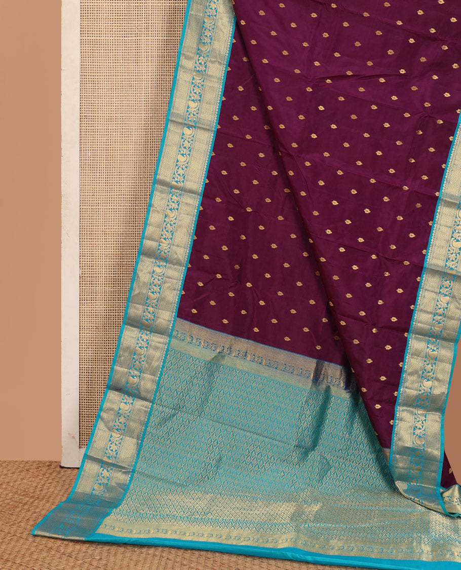 Purple zari buttas Bangalore silk saree, contrast traditional zari design border, and jaal pallu