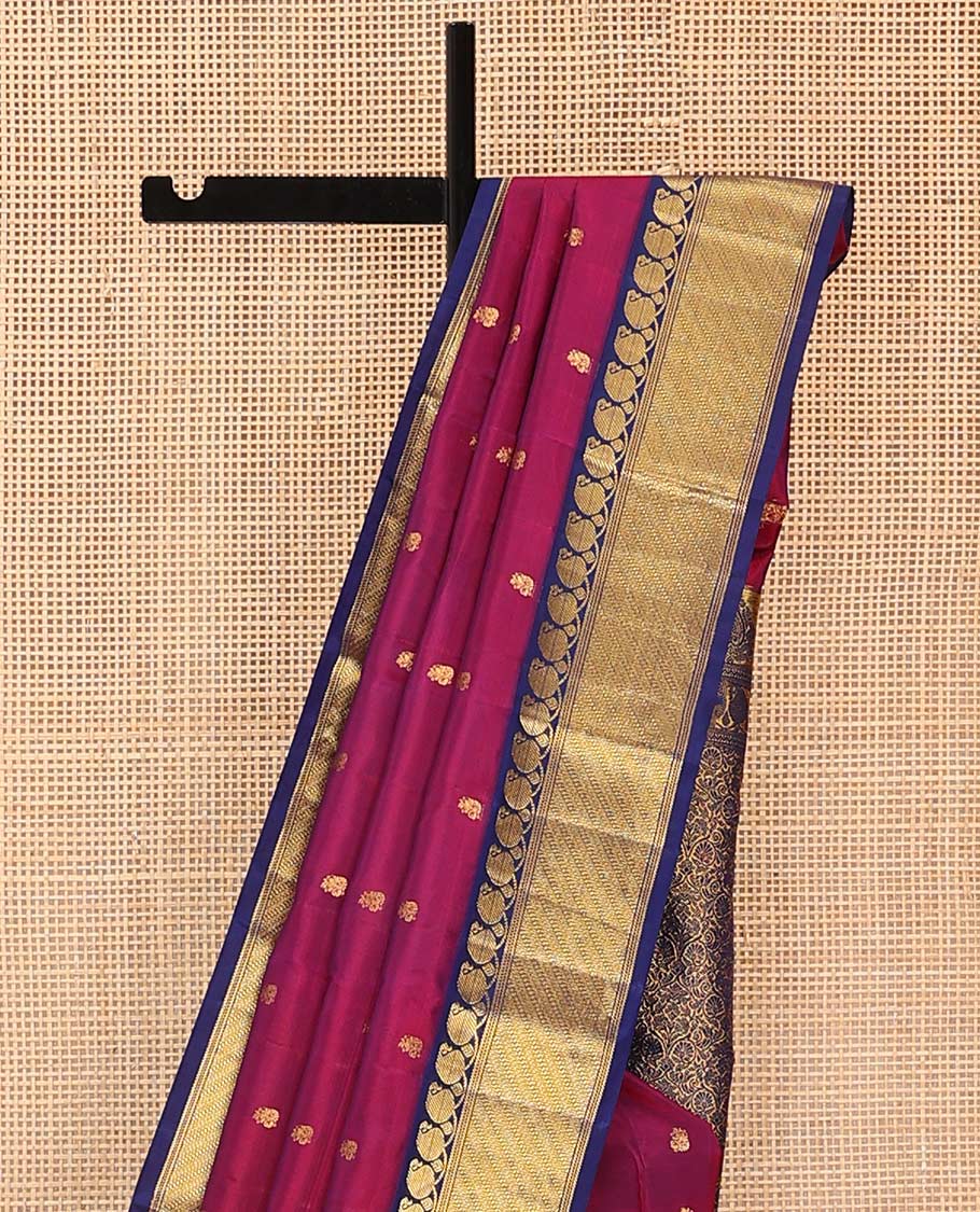 Magenta zari buttas Bangalore silk saree, contrast traditional zari border of manga designs, and floral jaal pallu
