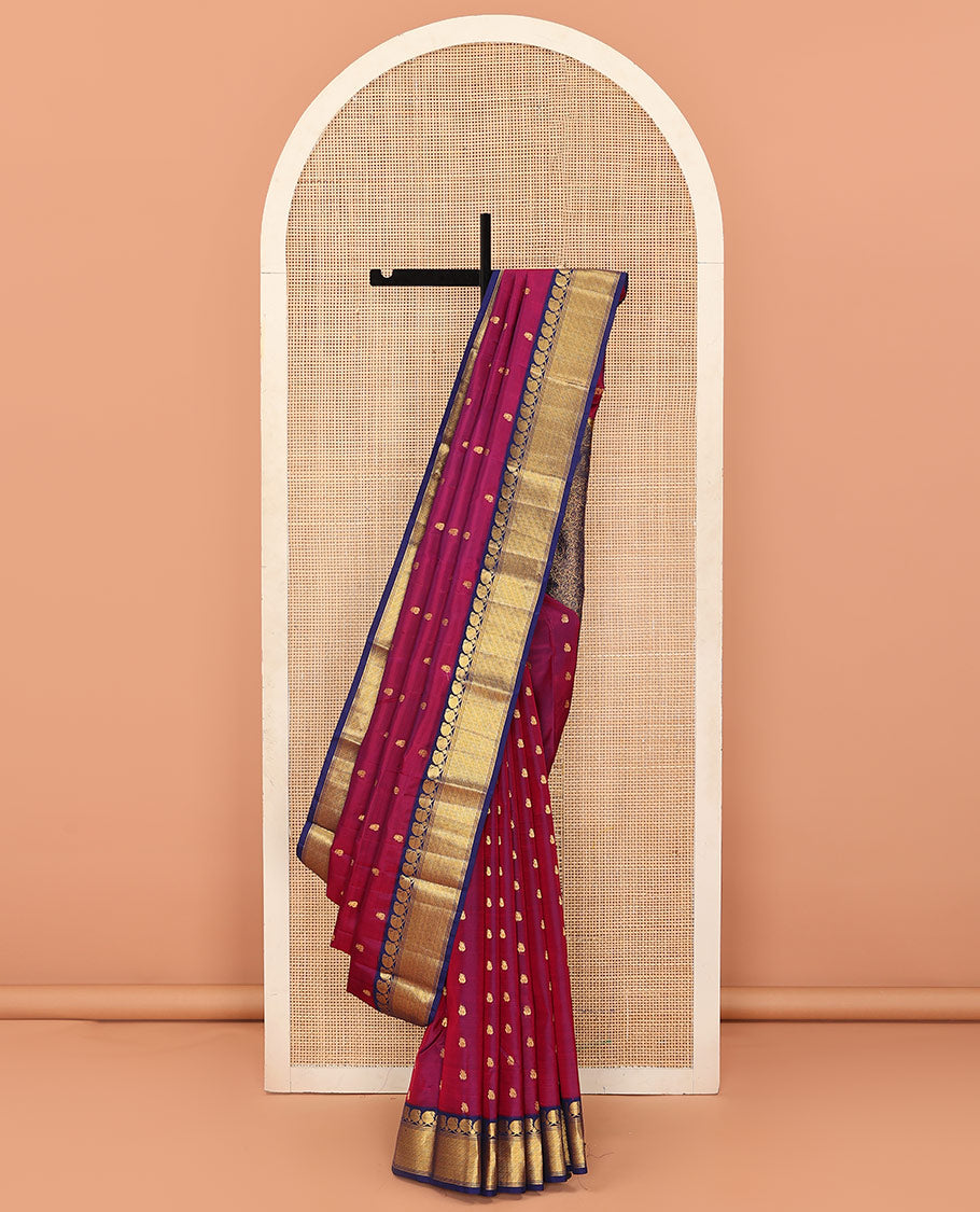 Magenta zari buttas Bangalore silk saree, contrast traditional zari border of manga designs, and floral jaal pallu