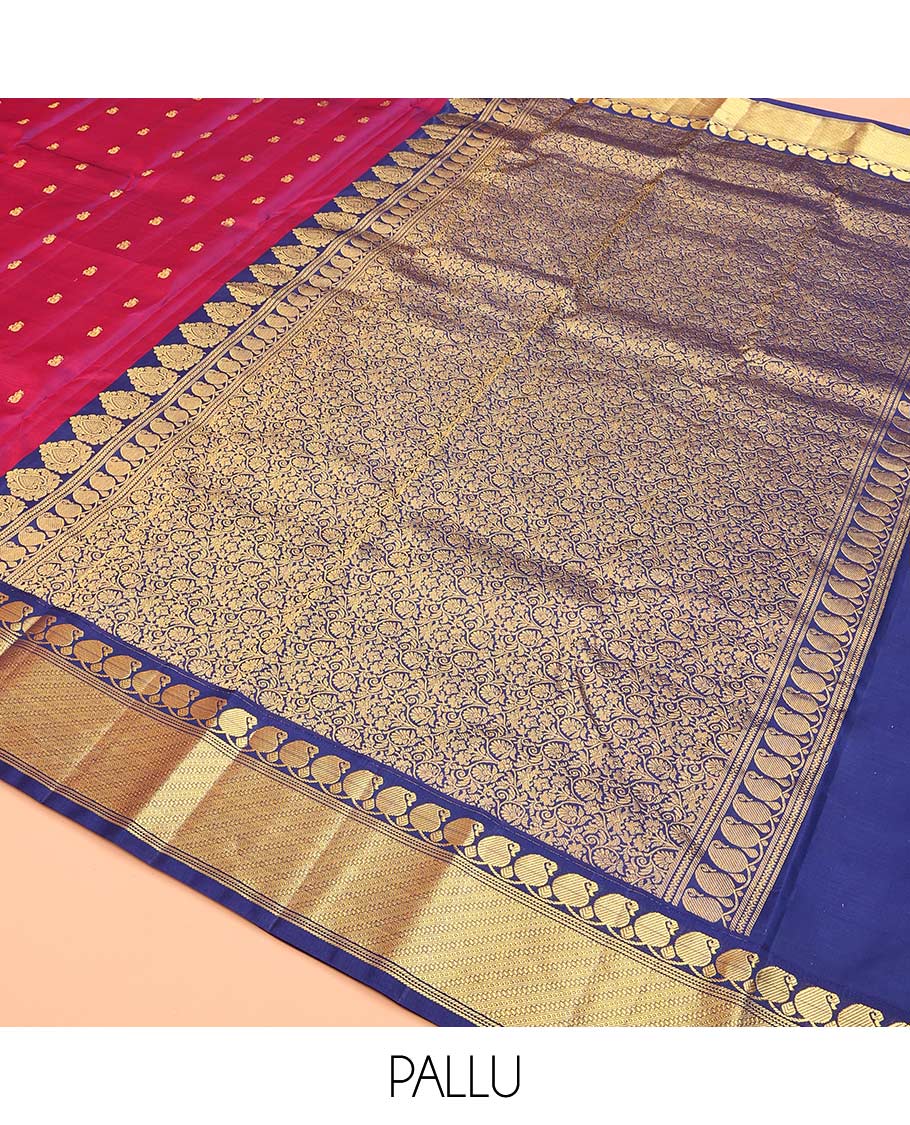 Magenta zari buttas Bangalore silk saree, contrast traditional zari border of manga designs, and floral jaal pallu