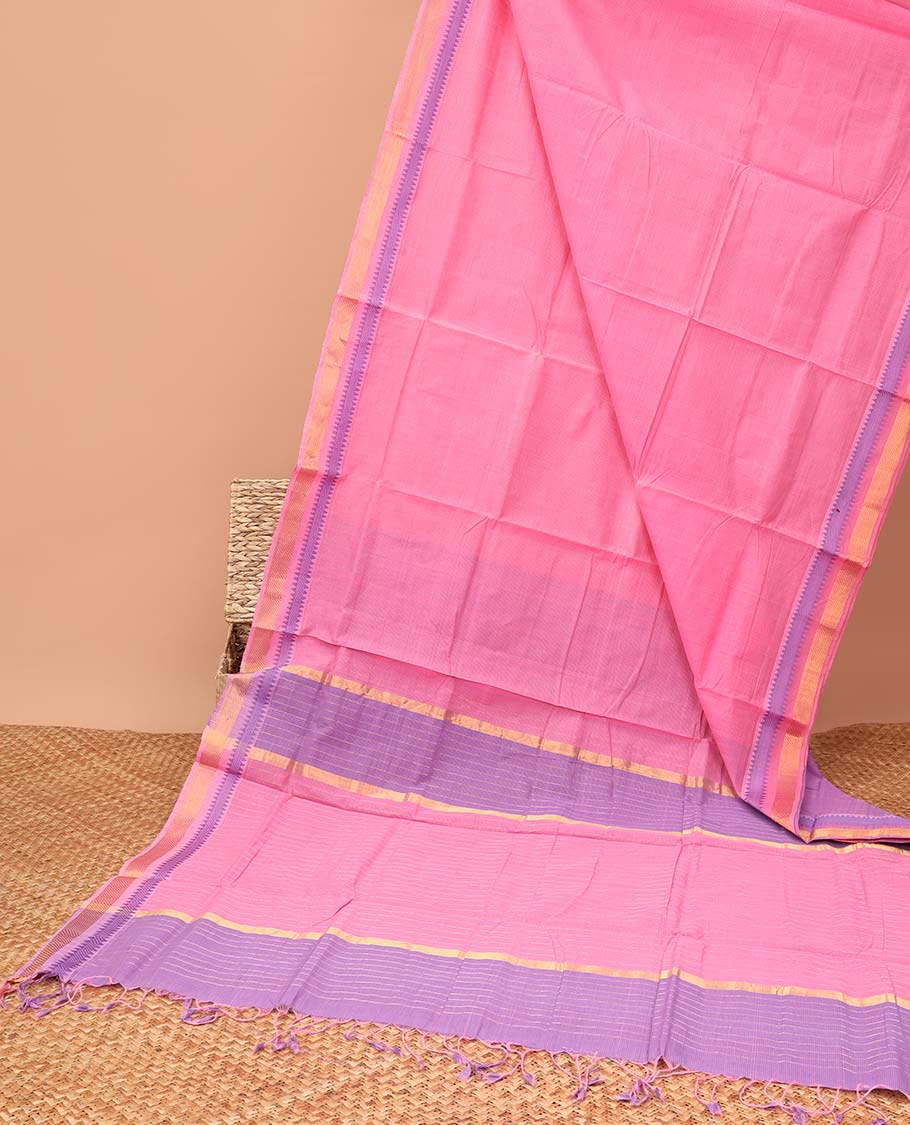 pink mangalagiri cotton saree contrast zari design border & striped pallu