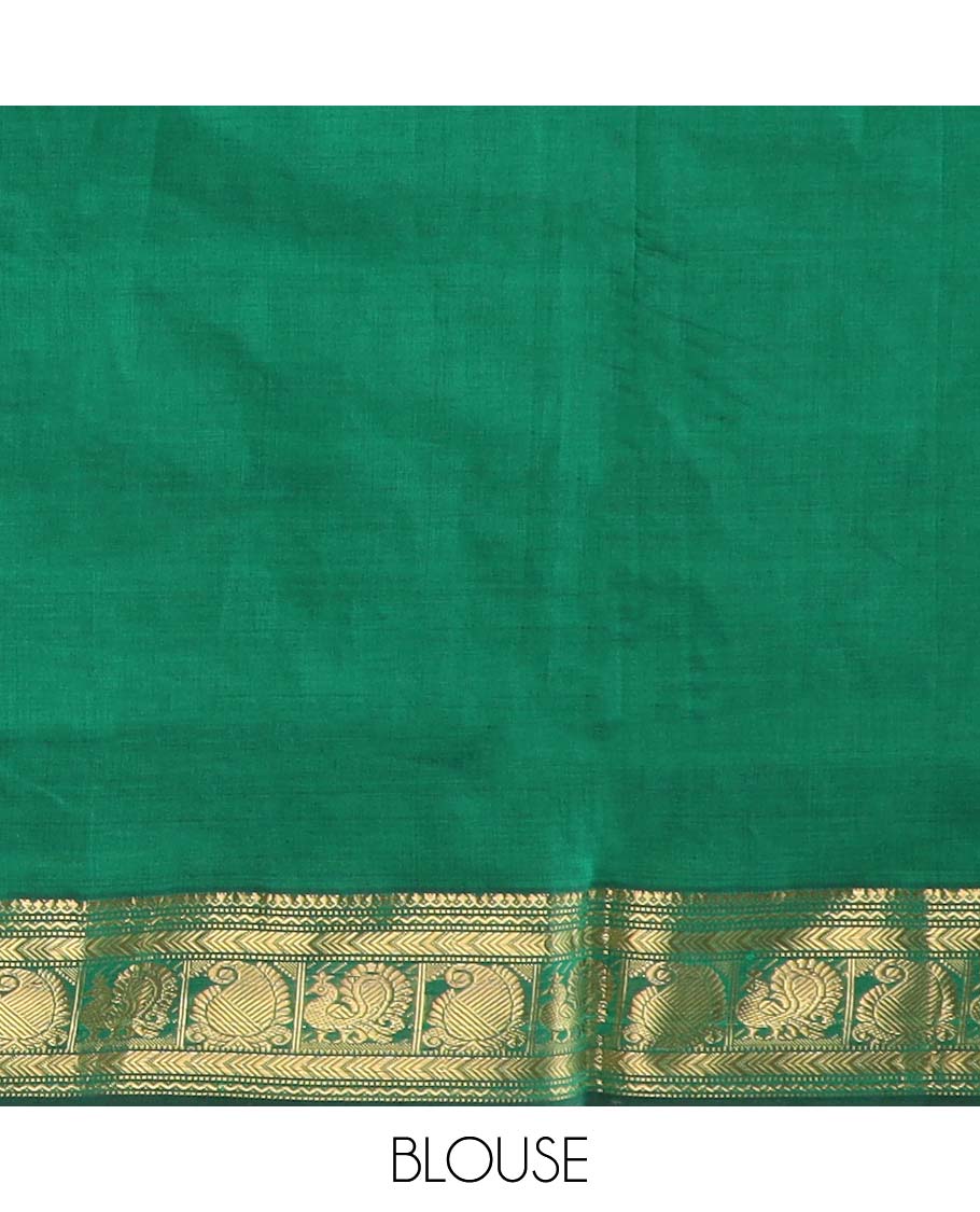 Red plain poly cotton saree, contrast traditional zari border, and contrast striped pallu