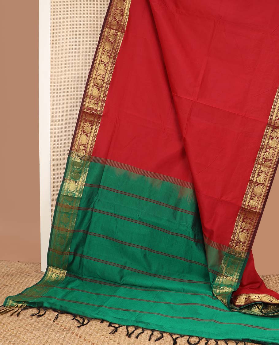 Red plain poly cotton saree, contrast traditional zari border, and contrast striped pallu