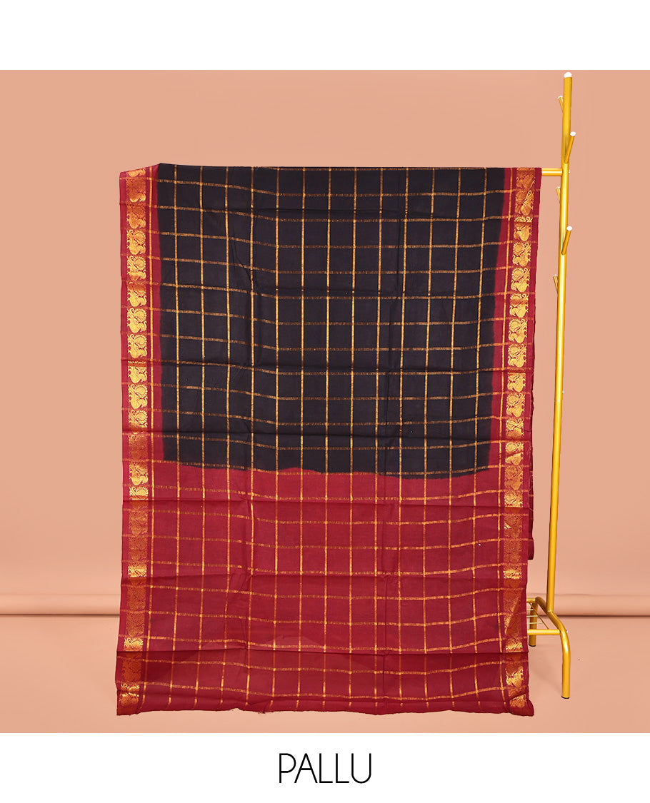 Black Sungudi Cotton Saree, Gleamed up with Zari Checks on Its Body, Complemented by a Contrast Peacock Motifs Woven Zari Border, Zari-Checked Pallu, and Paired with a Contrast Blouse