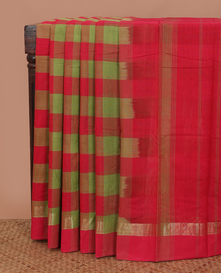 Multi-color checked design kanchi cotton saree, zari border, and pallu of stripes