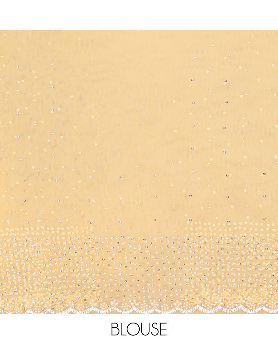Pale yellow crystal stone & pearl beads embroidered designer saree with scallop embroidered border