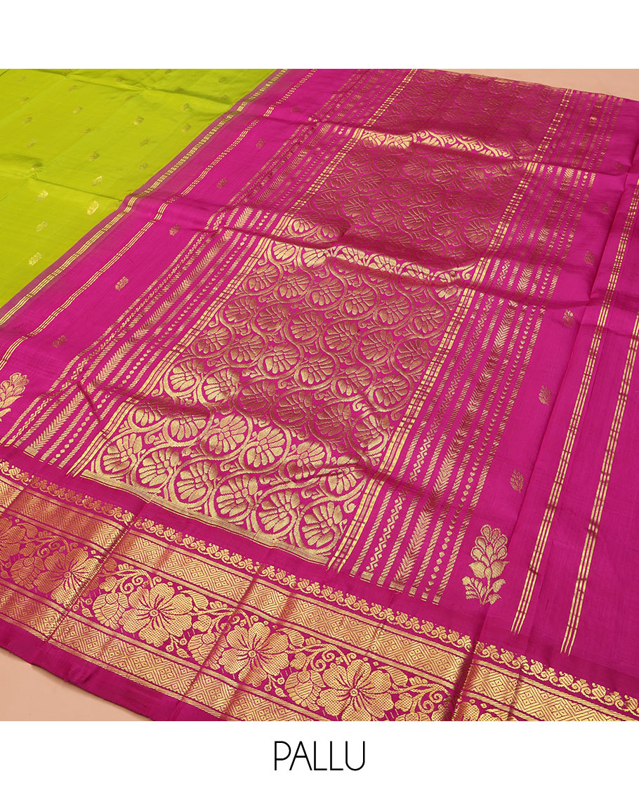 Green Kanchipuram Silk Saree, Sparsely Woven with Zari Buttas on Its Body, Complemented by a Contrast One-Sided Korvai Border of Manga Mokku, Banaras, Diamond and Kodi Visiry Designs, Pallu of Floral Jaal Designs, and Comes Without a Blouse