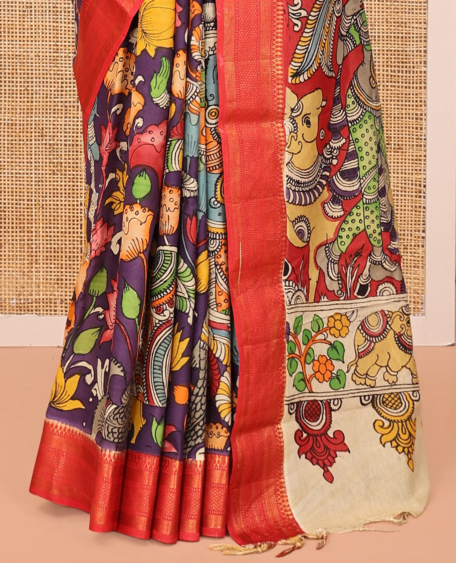 Purple Kalamkari Printed Semi-Banarasi Tussar Saree, Bedecked with Flora, Fauna, and Human Motifs, Contrast Traditional Border, Contrast Printed Pallu, and a Contrast Blouse