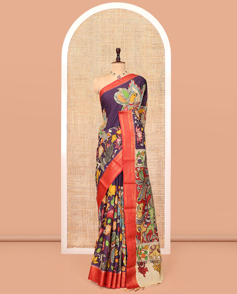 Purple Kalamkari Printed Semi-Banarasi Tussar Saree, Bedecked with Flora, Fauna, and Human Motifs, Contrast Traditional Border, Contrast Printed Pallu, and a Contrast Blouse