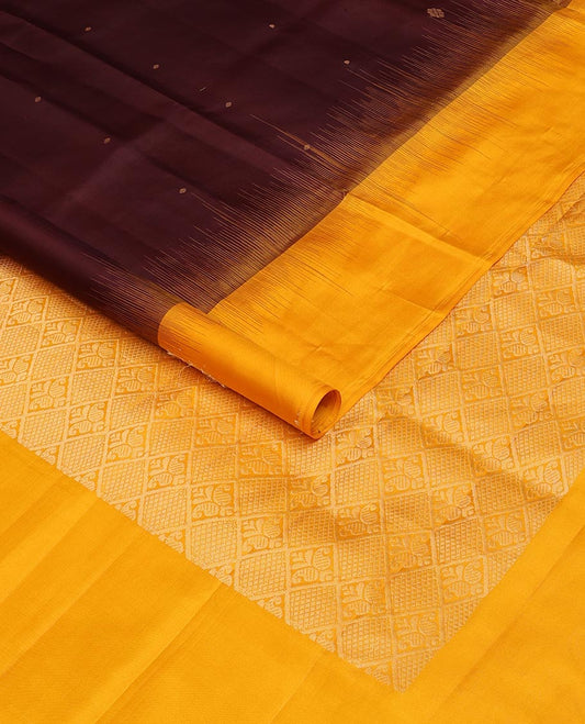 Maroon zari buttas soft silk saree, contrast temple border & rettai manga motifs enclosed jaal design pallu