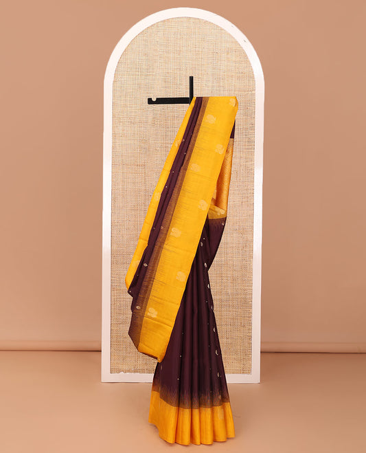 Maroon zari buttas soft silk saree, contrast temple border & rettai manga motifs enclosed jaal design pallu