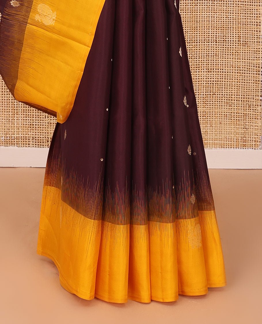 Maroon zari buttas soft silk saree, contrast temple border & rettai manga motifs enclosed jaal design pallu