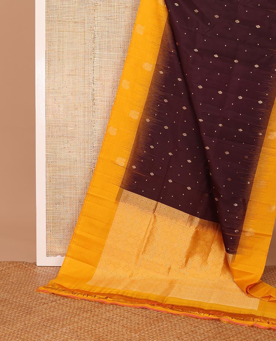 Maroon zari buttas soft silk saree, contrast temple border & rettai manga motifs enclosed jaal design pallu